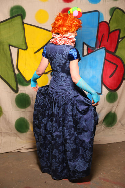 Queenie Corseted Coat with PETITE Vixen Base in Blue Floral Medallion  -The Clowning Around Collection