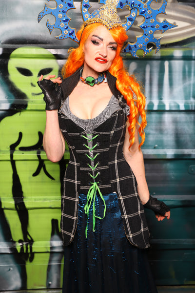 Petite*** Overbust Tailed Corset in Black and Cream Plaid - The Gilded Galaxy Collection