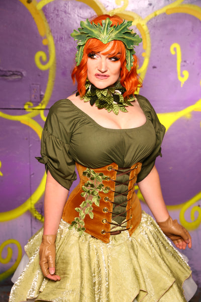 Wench Corset in Harvest Gold Velvet w/ Leaf Embroidery #43 - Moss & Maple Collection