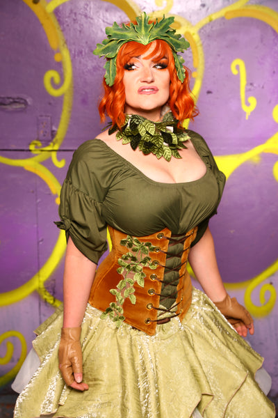 Wench Corset in Harvest Gold Velvet w/ Leaf Embroidery #43 - Moss & Maple Collection