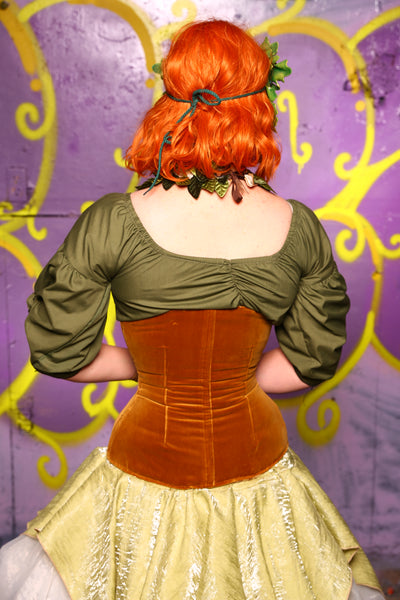 Wench Corset in Harvest Gold Velvet w/ Leaf Embroidery #43 - Moss & Maple Collection