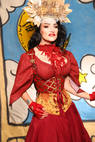 Tailed Cropped Vixen in Crimson & Gold Lattice - The Goldenberry Collection