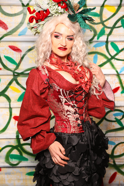 Maiden Petite Corset in Cranberry Damask - "Crows & Cardinal Collection"