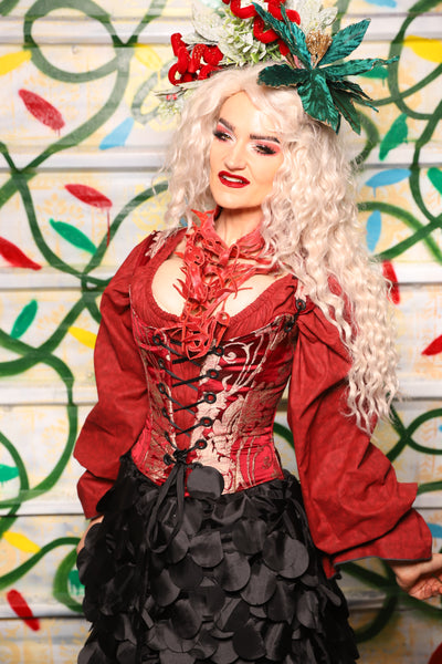 Maiden Petite Corset in Cranberry Damask - "Crows & Cardinal Collection"
