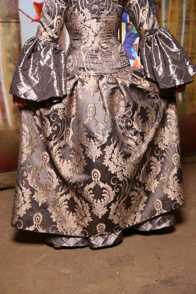 Queenie Split Front Overskirt w/ Big Pocket in Gravestone Damask - "Foolish Mortals Collection"