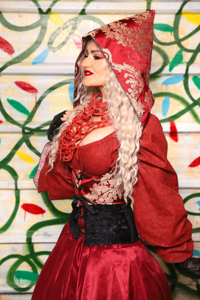 Hooded Cropped Vixen Corset in Cranberry Damask - "Crows & Cardinal Collection"