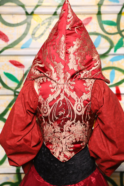 Hooded Cropped Vixen Corset in Cranberry Damask - "Crows & Cardinal Collection"