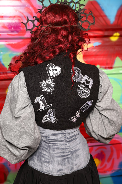 Sgt Pepper Vest in Black Poodle with Goth Patches - Day 17 of "Celebrating 22 Years of Damsel"