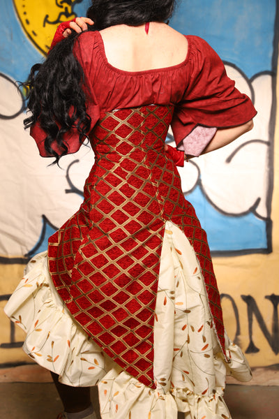 Petite Siren Corset w/ Pockets in Crimson & Gold Lattice - The Goldenberry Collection