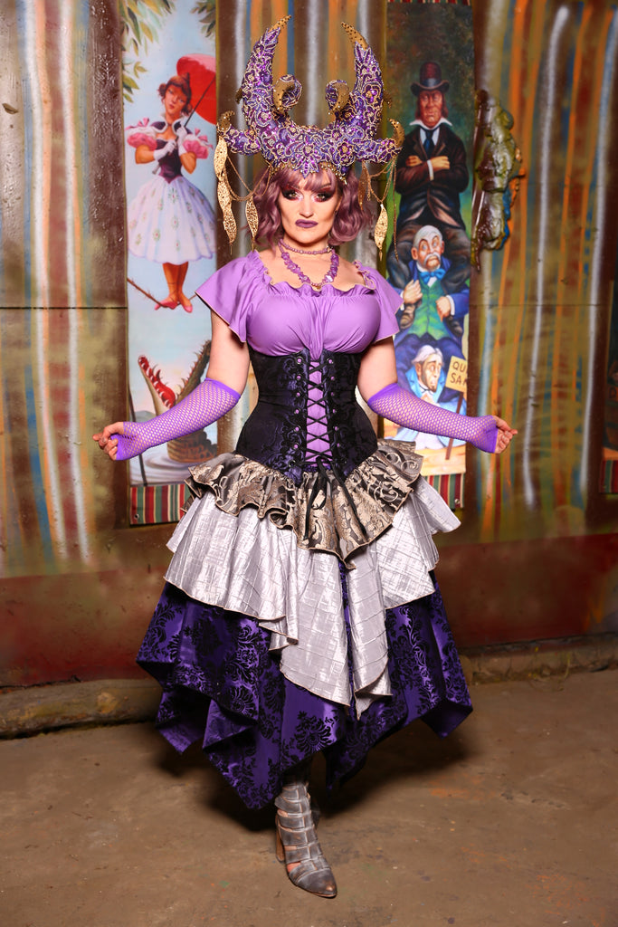 Deluxe Tie-On Two-Tier Peplum Ruffle in Gravestone Damask - "Foolish Mortals Collection"