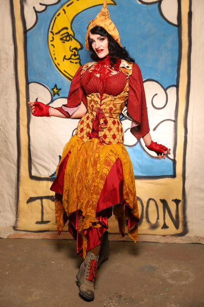 Double Layer Fairy Skirt in Scarlet Crepe Back Satin with Golden Rod Lace - The Goldenberry Collection