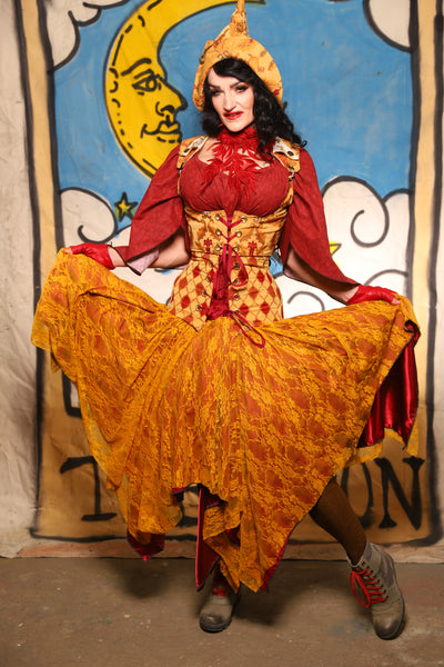 Double Layer Fairy Skirt in Scarlet Crepe Back Satin with Golden Rod Lace - The Goldenberry Collection