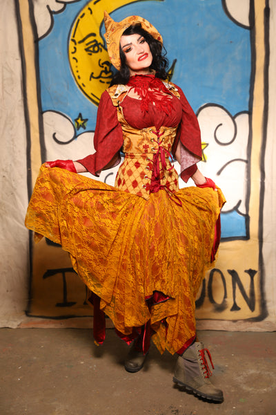 Double Layer Fairy Skirt in Scarlet Crepe Back Satin with Golden Rod Lace - The Goldenberry Collection