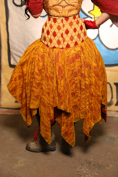 Double Layer Fairy Skirt in Scarlet Crepe Back Satin with Golden Rod Lace - The Goldenberry Collection