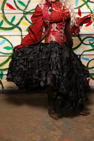 Crescent Skirt w/Ruffles in Black Petals - "Crows & Cardinal Collection"