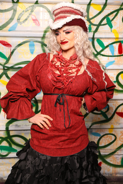 Classic Blouse w/Super Long Sleeves in Red Marble Cotton *Crap. Yes. We only have one size. :( - "Crows & Cardinal Collection"