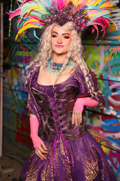 19. Crossfire Overbust Corset in Purple Metallic Dot - The Feylustrium Collection