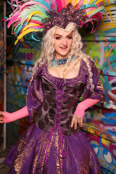 19. Crossfire Overbust Corset in Purple Metallic Dot - The Feylustrium Collection