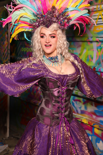 19. Crossfire Overbust Corset in Purple Metallic Dot - The Feylustrium Collection