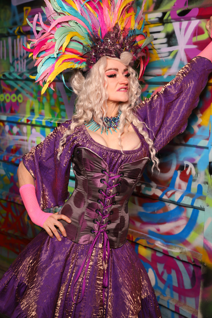 19. Crossfire Overbust Corset in Purple Metallic Dot - The Feylustrium Collection