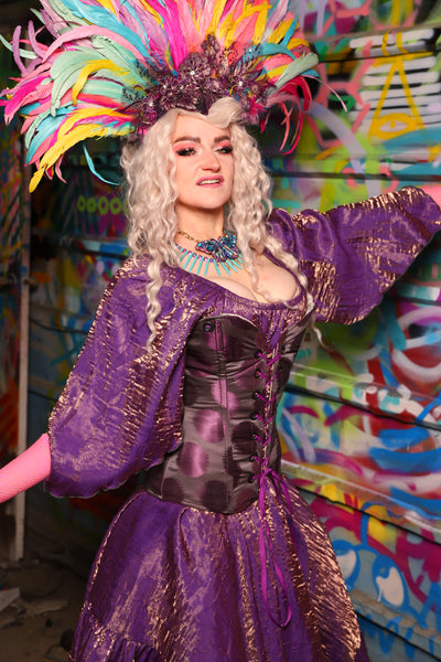 19. Crossfire Overbust Corset in Purple Metallic Dot - The Feylustrium Collection