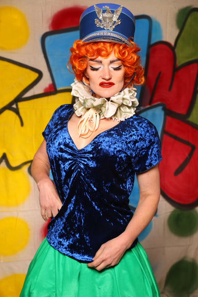 V-Neck Blouse in Crushed Sapphire Velvet  -The Clowning Around Collection