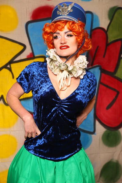 V-Neck Blouse in Crushed Sapphire Velvet  -The Clowning Around Collection