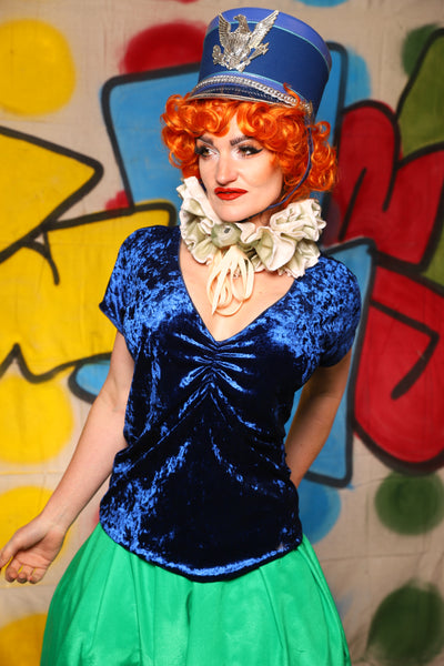 V-Neck Blouse in Crushed Sapphire Velvet  -The Clowning Around Collection