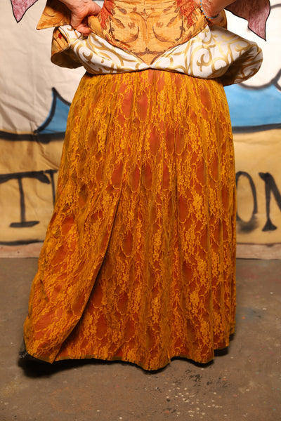 Double Layer Tulips Skirt in Golden Rod Lace & Scarlet Crepe Back Satin - The Goldenberry Collection