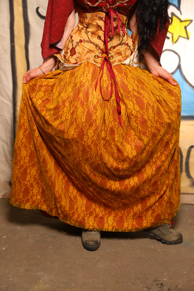 Double Layer Tulips Skirt in Golden Rod Lace & Scarlet Crepe Back Satin - The Goldenberry Collection