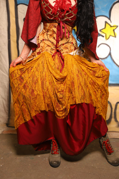 Double Layer Tulips Skirt in Golden Rod Lace & Scarlet Crepe Back Satin - The Goldenberry Collection
