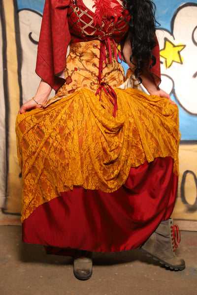Double Layer Tulips Skirt in Golden Rod Lace & Scarlet Crepe Back Satin - The Goldenberry Collection
