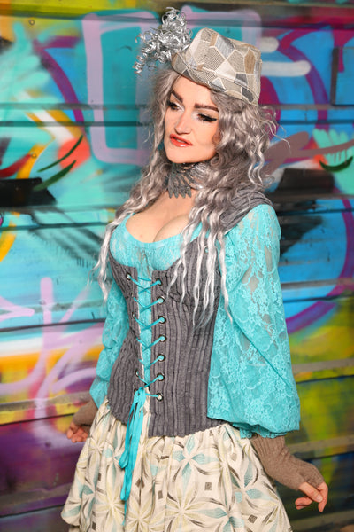 33. Marie Overbust Corset in Gray Corduroy - The "Love at Frost Sight" Collection