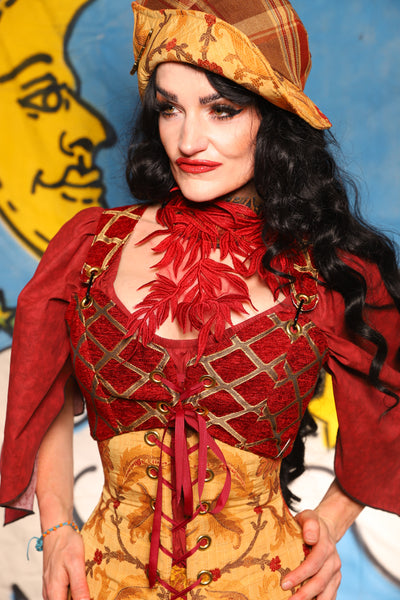 Cropped Courtier in Crimson & Gold Lattice *PLEASE order by BUST Measurement, NOT waist!* - The Goldenberry Collection