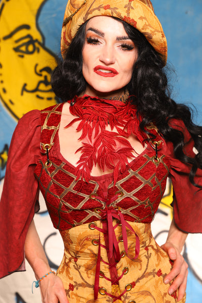 Cropped Courtier in Crimson & Gold Lattice *PLEASE order by BUST Measurement, NOT waist!* - The Goldenberry Collection