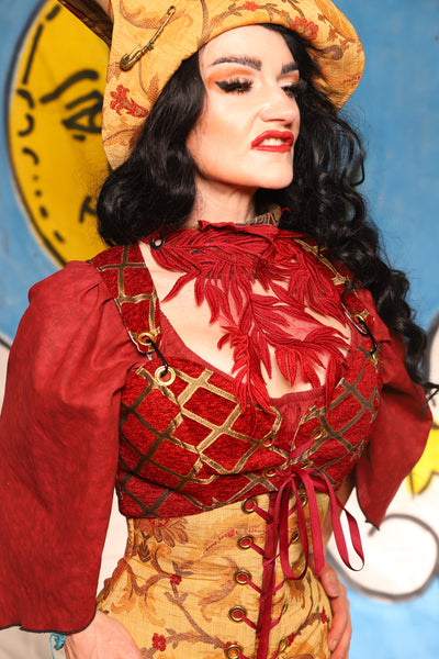 Cropped Courtier in Crimson & Gold Lattice *PLEASE order by BUST Measurement, NOT waist!* - The Goldenberry Collection