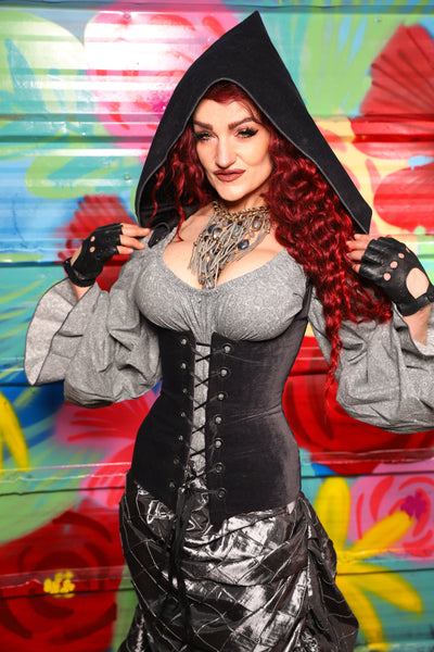 Hooded Vixen Corset in Storm Gray Suede - Day 17 of "Celebrating 22 Years of Damsel"