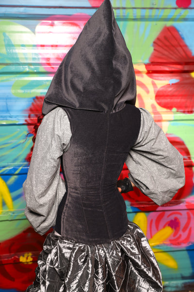 Hooded Vixen Corset in Storm Gray Suede - Day 17 of "Celebrating 22 Years of Damsel"