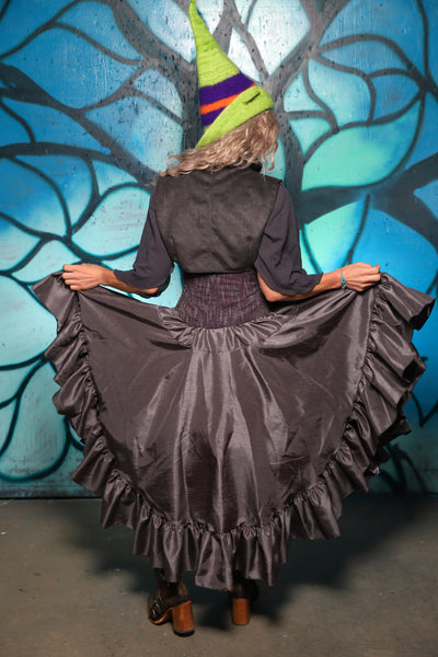 Crescent Skirt w/ Ruffle in Iron Gray Shantung - The "Pumpkins, Screams & Corset Dreams" Collection