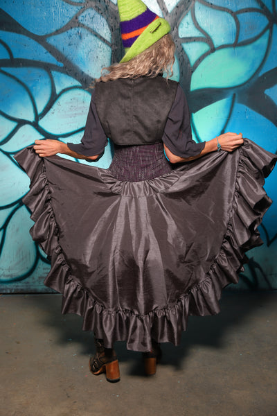 Crescent Skirt w/ Ruffle in Iron Gray Shantung - The "Pumpkins, Screams & Corset Dreams" Collection