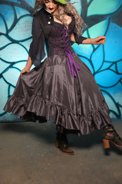 Crescent Skirt w/ Ruffle in Iron Gray Shantung - The "Pumpkins, Screams & Corset Dreams" Collection