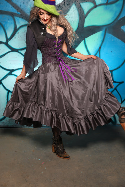 Crescent Skirt w/ Ruffle in Iron Gray Shantung - The "Pumpkins, Screams & Corset Dreams" Collection