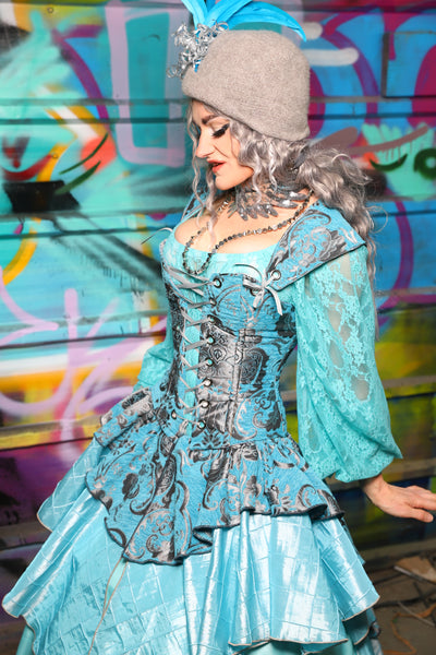 36. Petite Aurora Corset w/Matching Straps in Turquoise & Silver Medallion - The "Love at Frost Sight" Collection