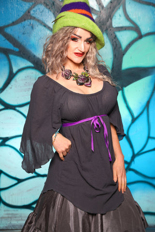 Classic Blouse w/ Leaf Sleeves in Ash-Plum Gauze - The "Pumpkins, Screams & Corset Dreams" Collection