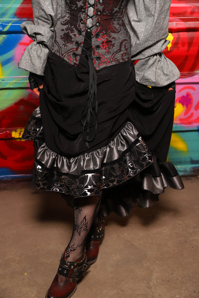 Swoon Skirt in Black Soft Rayon w/Silver Filigree ruffle - Day 18 of "Celebrating 22 Years of Damsel"