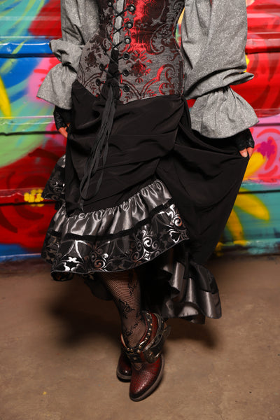 Swoon Skirt in Black Soft Rayon w/Silver Filigree ruffle - Day 18 of "Celebrating 22 Years of Damsel"