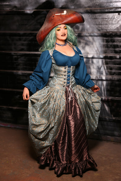 Queenie Corseted Coat with Vixen Base in Ella Blue Damask #17 - The Skelewags Collection