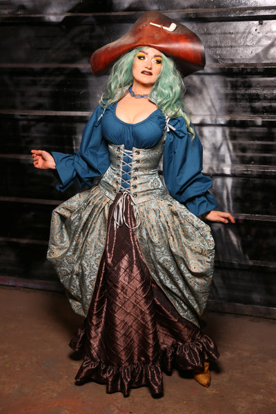 Queenie Corseted Coat with Vixen Base in Ella Blue Damask #17 - The Skelewags Collection