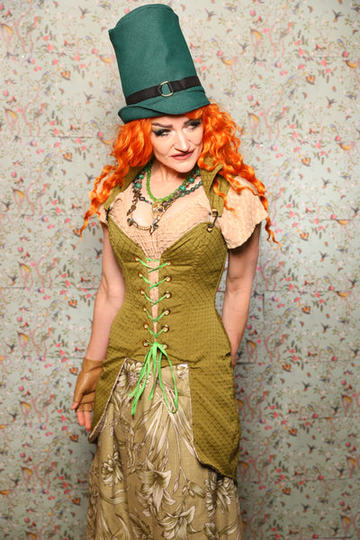 Tailed Petite Courtier Corset in Olive Dot -Lucky Day Collection