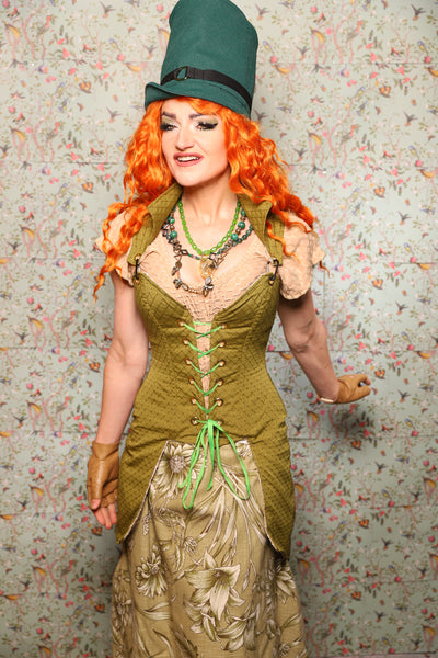 Tailed Petite Courtier Corset in Olive Dot -Lucky Day Collection